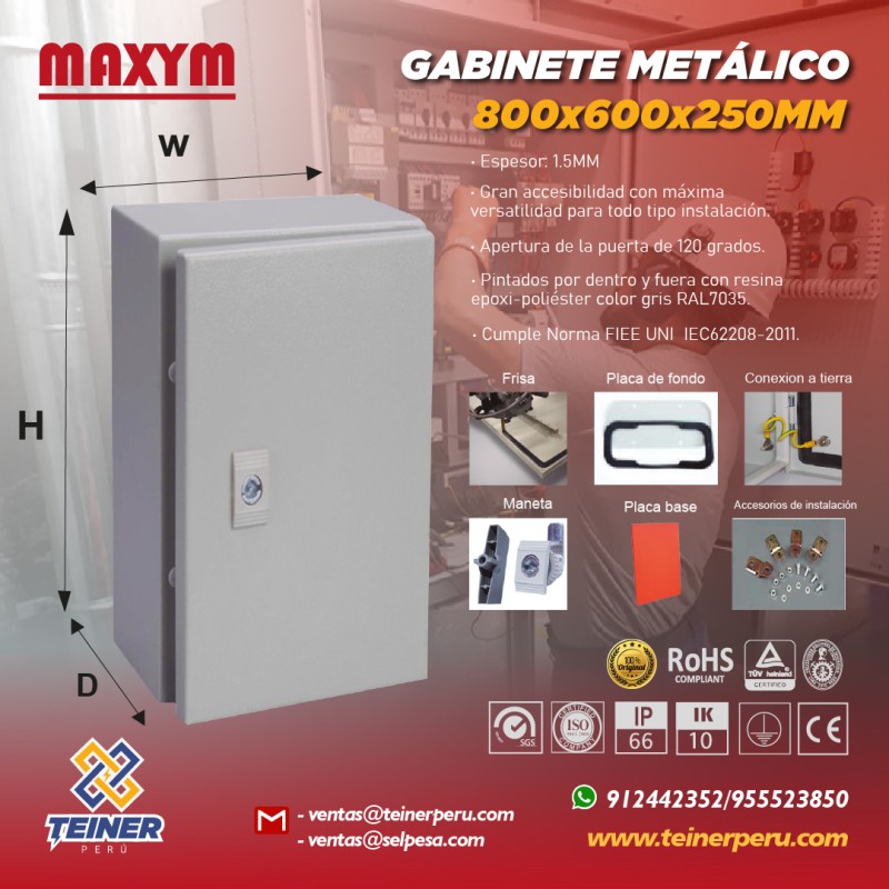 MAXYM - GABINETE METÁLICO 800X600X250MM ESPESOR 1.5MM IP66 - TEINER
